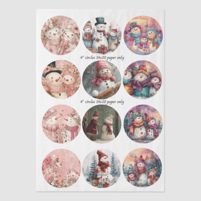 Papel De Seda Decoupage 12 Whimsical Snowman 4" Coaster Set  (Anverso)
