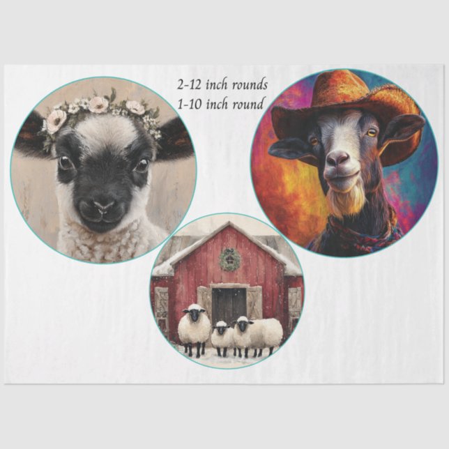 Papel De Seda Decoupage 12 y 10" Animales de granja redondos (Anverso)