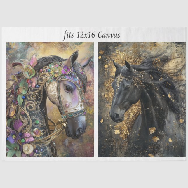 Papel De Seda Decoupage 12x16 Canvas Ornate Adorned Horses  (Anverso)