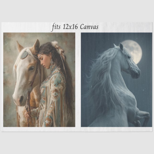 Papel De Seda Decoupage 12x16 Canvas Ornate Horse Indian Woman  (Anverso)