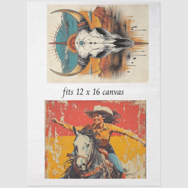 Papel De Seda Decoupage 12x16 Cowgirl Roper & Skull Design  (Anverso)