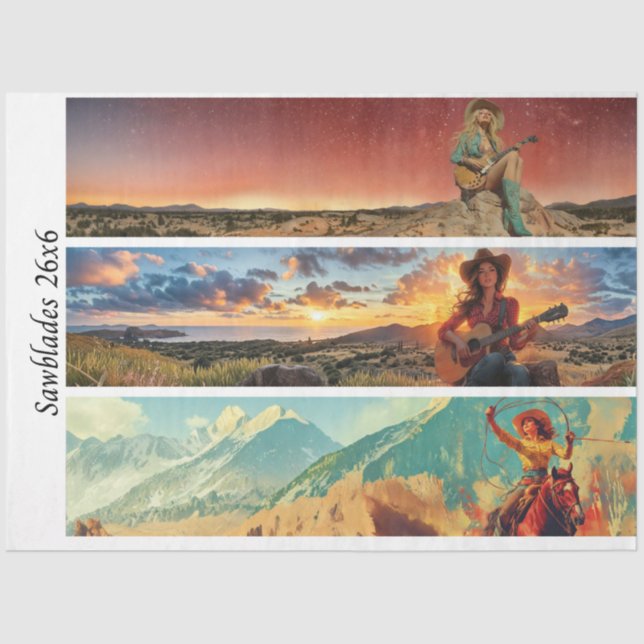 Papel De Seda Decoupage 26x6" Cowgirl Western Designs Handsaws (Anverso)