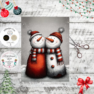Papel De Seda Decoupage 2 Muñecos de Nieve Bufandas a Rayas Roja