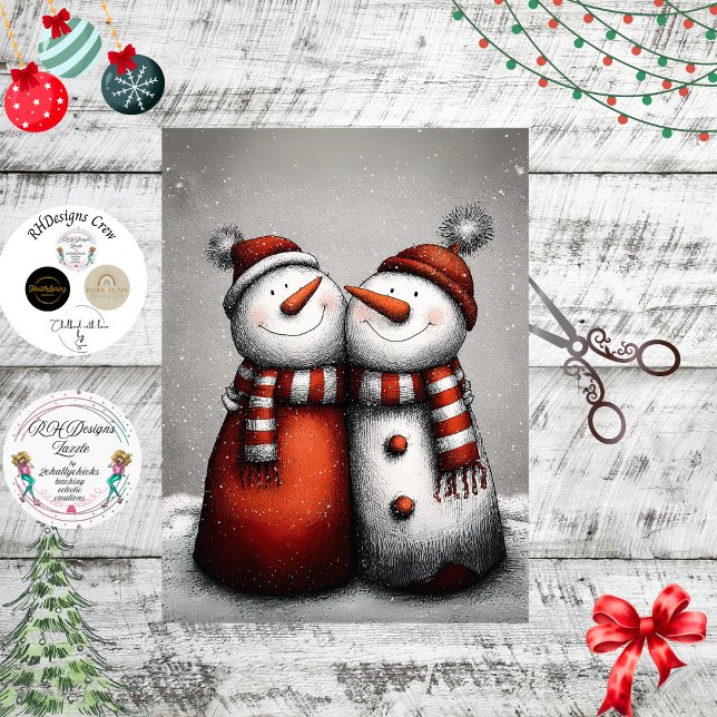 Papel De Seda Decoupage 2 Snowmen Red Stripped Scarves Winter (Subido por el creador)
