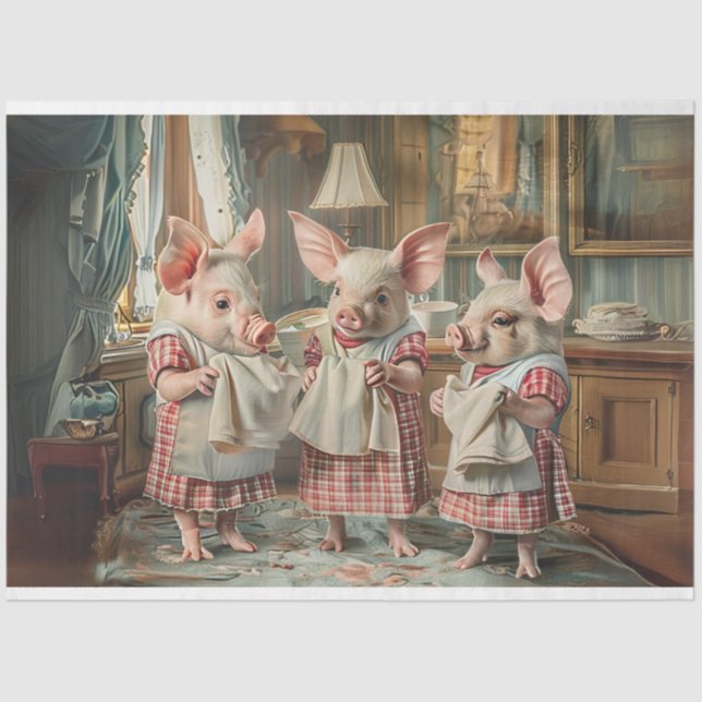 Papel De Seda Decoupage 3 Cerditos Cocina de Ropa a cuadros (Anverso)