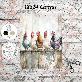 Papel De Seda Decoupage 5 Chickens on a Fence 18x24 Canvas