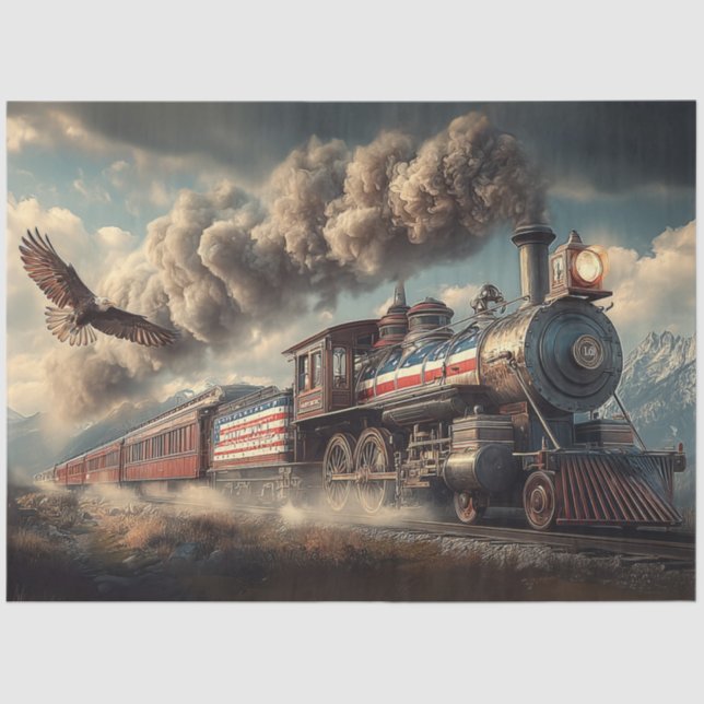 Papel De Seda Decoupage American Locomotive With Flag & Eagle (Anverso)
