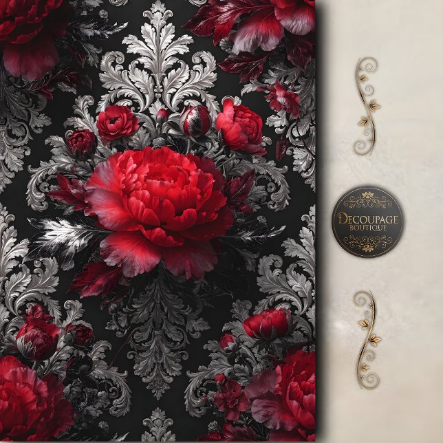 Papel De Seda Decoupage Barroco de Rosa Roja (Red Rose Baroque Decoupage Tissue Paper)