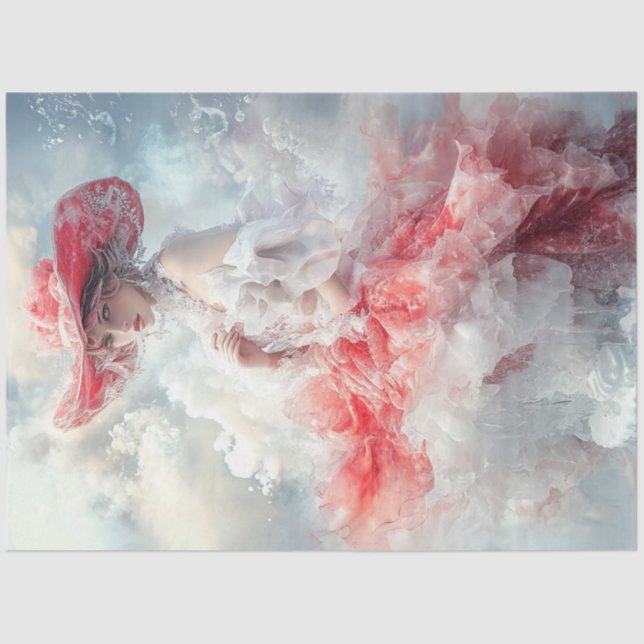 Papel De Seda Decoupage Beautiful Woman Red White Cloud Vestido (Anverso)