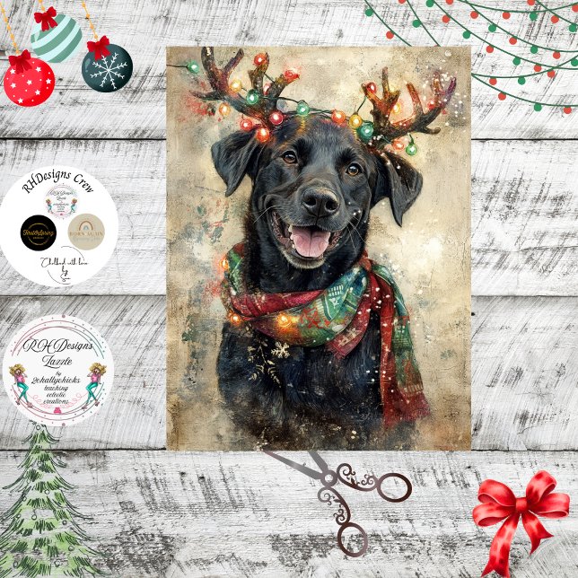 Papel De Seda Decoupage Black Lab Christmas Lights Antlers  (Subido por el creador)