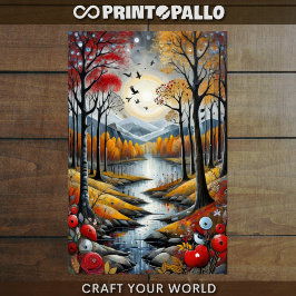 Papel De Seda Decoupage - Bosque de otoño, río y luna - 