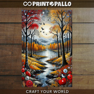 Papel De Seda Decoupage - Bosque de otoño, río y luna - 