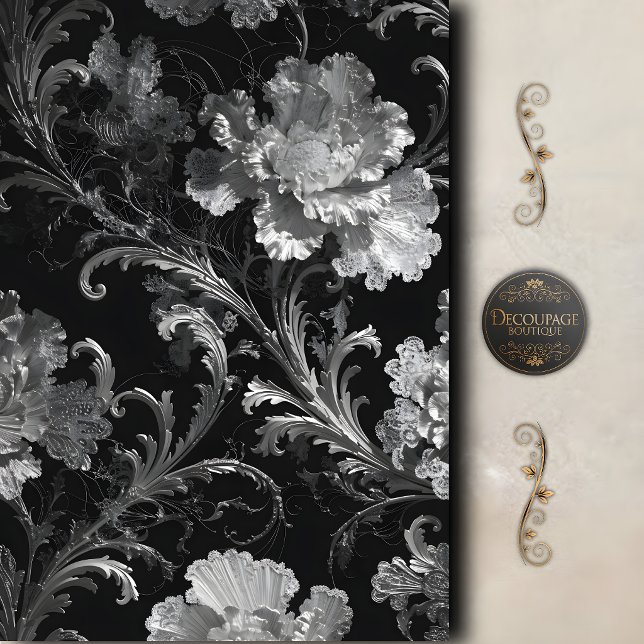 Papel De Seda Decoupage Botánico de Plata Negra (Black Silver Botanical Decoupage Tissue Paper)