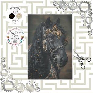 Papel De Seda Decoupage Caballo Negro Nobleza Dorados Adornados