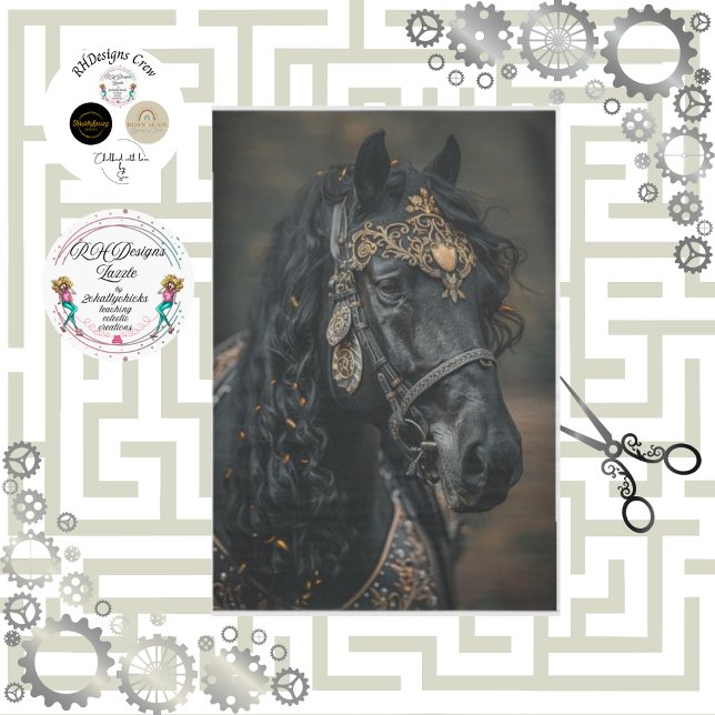 Papel De Seda Decoupage Caballo Negro Nobleza Dorados Adornados (Subido por el creador)