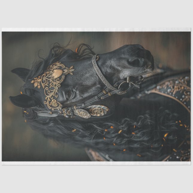 Papel De Seda Decoupage Caballo Negro Nobleza Dorados Adornados (Anverso)