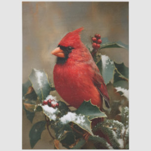 Papel De Seda Decoupage Cardenal Rojo en Acebo Nevado