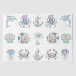 Papel De Seda Decoupage Costero Náutico con Tema de Vida Marina 