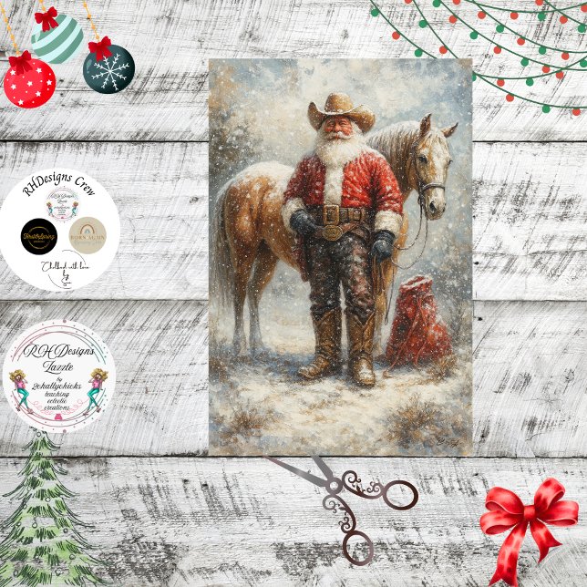Papel De Seda Decoupage Cowboy Santa Horse Winter Scene (Subido por el creador)