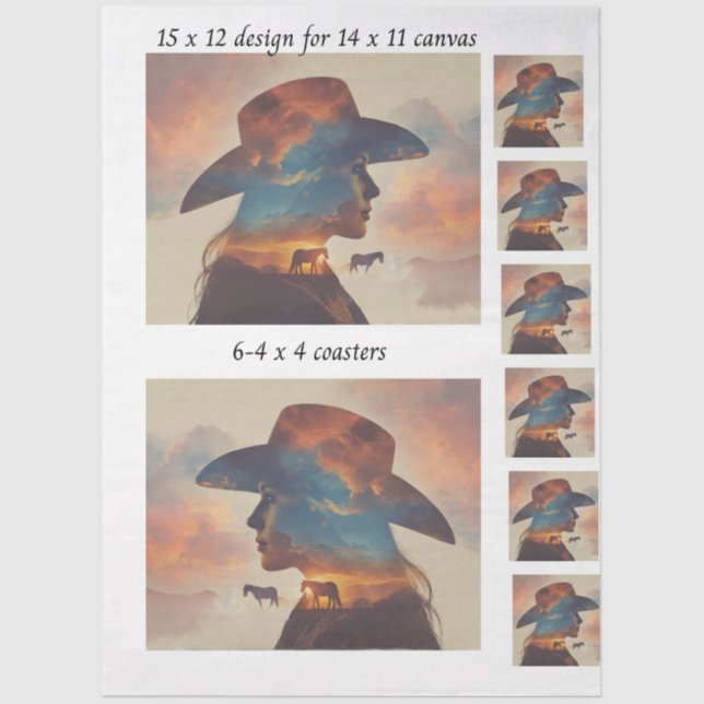 Papel De Seda Decoupage Cowgirl Silhouette 11x14 Canvas Coasters (Anverso)