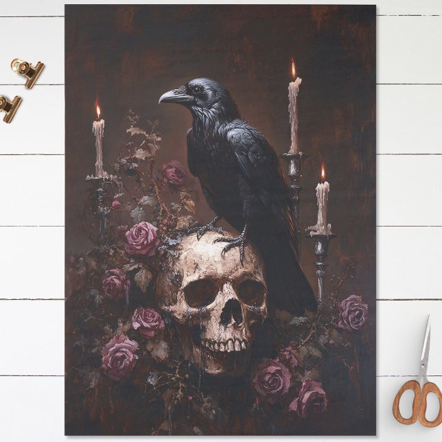 Papel De Seda Decoupage Cuervo en Calavera con Velas (Subido por el creador)