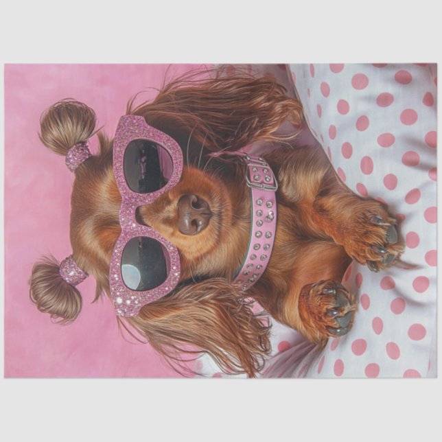 Papel De Seda Decoupage Dachshund de cabello largo en PINK (Anverso)