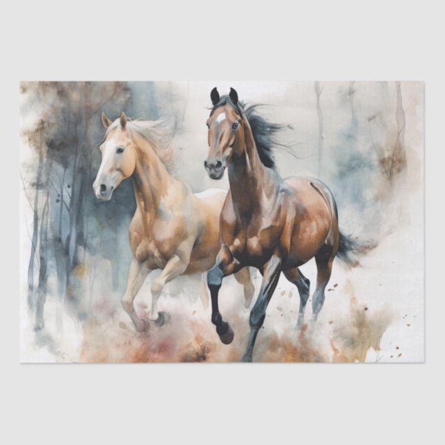 Papel De Seda Decoupage de acuarela de caballos salvajes (Anverso)