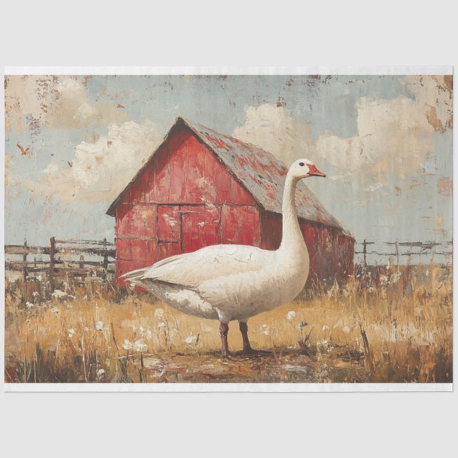 Papel De Seda Decoupage de Arte de Ganso Blanco Granero Rojo (Anverso)