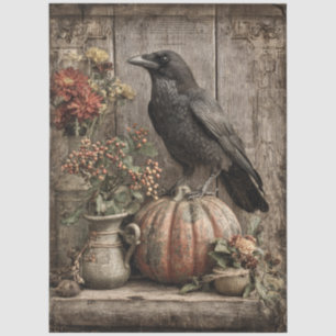 Papel De Seda Decoupage de Bodegón de Cuervo y Calabaza Vintage