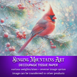 Papel De Seda Decoupage de bosque nevado con cardenal en acuarel