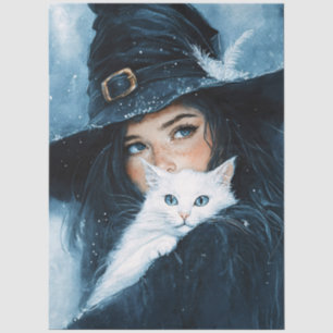 Papel De Seda Decoupage de Bruja y Gato Blanco