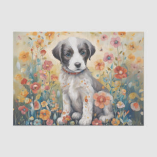 Papel de seda decoupage de cachorro rodeado de flo