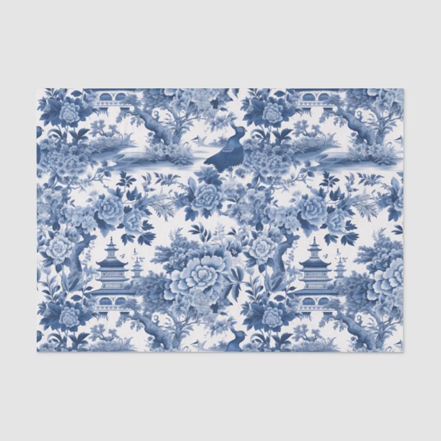 Papel De Seda Decoupage de Chinoiserie Blue White Floral (Anverso)