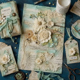 Papel De Seda Decoupage de Collage Floral Vintage en Crema y Men