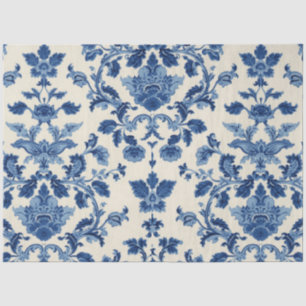 Papel De Seda Decoupage de Damasco Azul Crema Antiguo