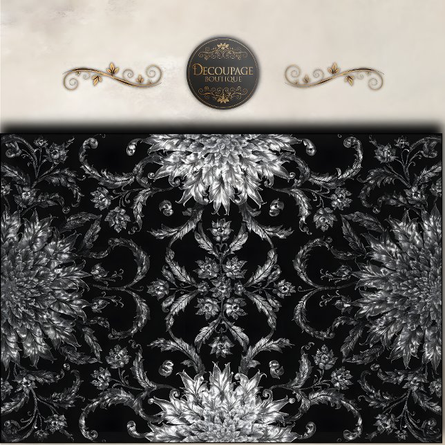 Papel De Seda Decoupage de Damasco Floral Negro (Black Floral Scroll Damask Decoupage Tissue Paper)