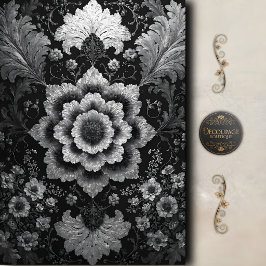 Papel De Seda Decoupage de Damasco Floral Plateado Negro