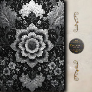 Papel De Seda Decoupage de Damasco Floral Plateado Negro