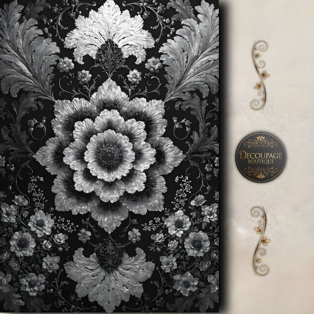 Papel De Seda Decoupage de Damasco Floral Plateado Negro (Black Silver Floral Damask Decoupage Tissue Paper)