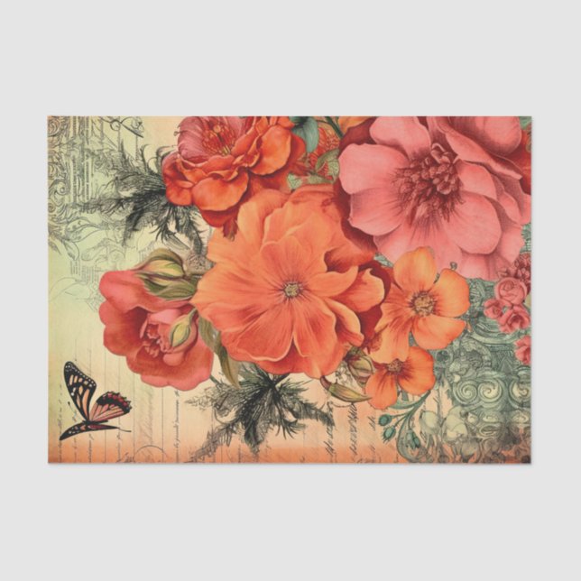 Papel De Seda Decoupage de Diario Chatarra Floral Naranja (Anverso)