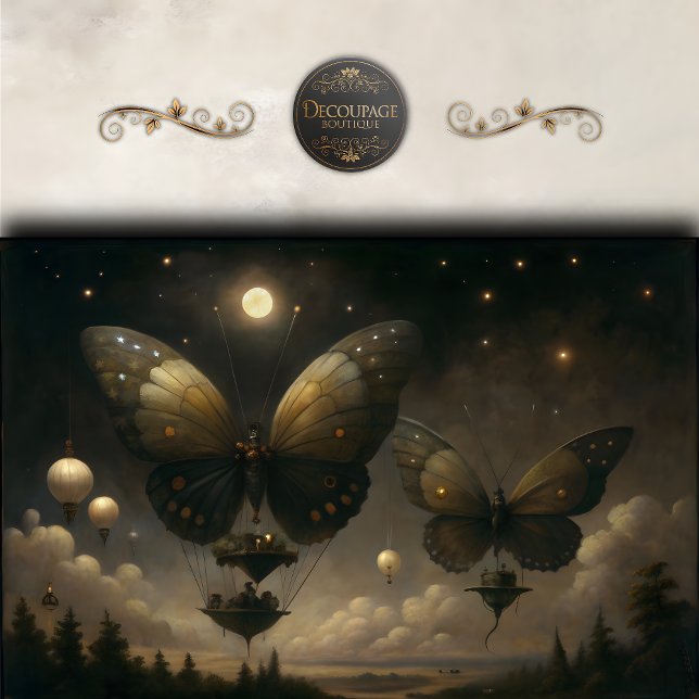 Papel De Seda Decoupage de Dirigible Mariposa bajo la Luz de la  (Moonlit Butterfly Airship Decoupage Tissue Paper)