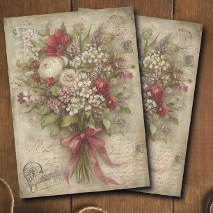 Papel De Seda Decoupage de Efímera de Ramo Rojo Romántico Vintag