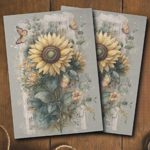Papel De Seda Decoupage de efímera vintage de girasol y música