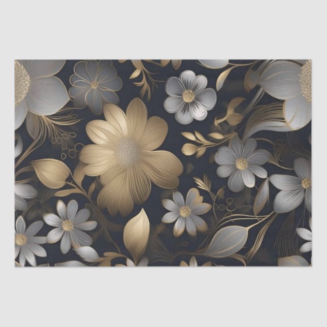Papel De Seda Decoupage de flores doradas y plateadas / (Anverso)