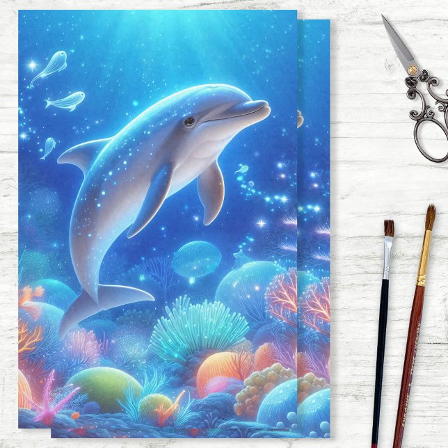 Papel De Seda Decoupage de Follaje de Delfines en Arrecife Oceán (Subido por el creador)