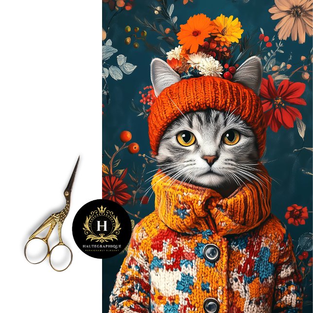 Papel De Seda Decoupage de Gato Gris Floral de Invierno (Subido por el creador)
