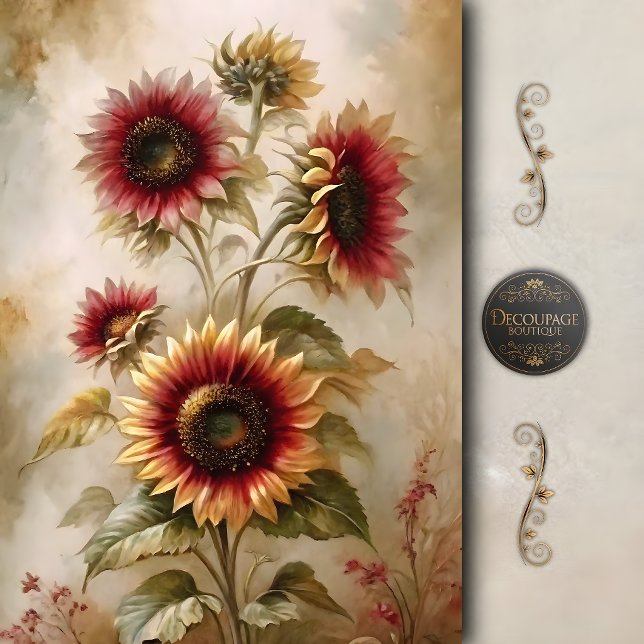Papel De Seda Decoupage de Girasol Carmesí Vintage (Vintage Crimson Sunflower Decoupage Tissue Paper)