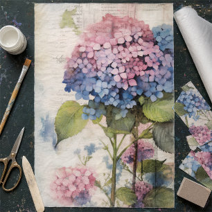 Papel De Seda Decoupage de Hortensia Azul Rosa Acuarela Vintage