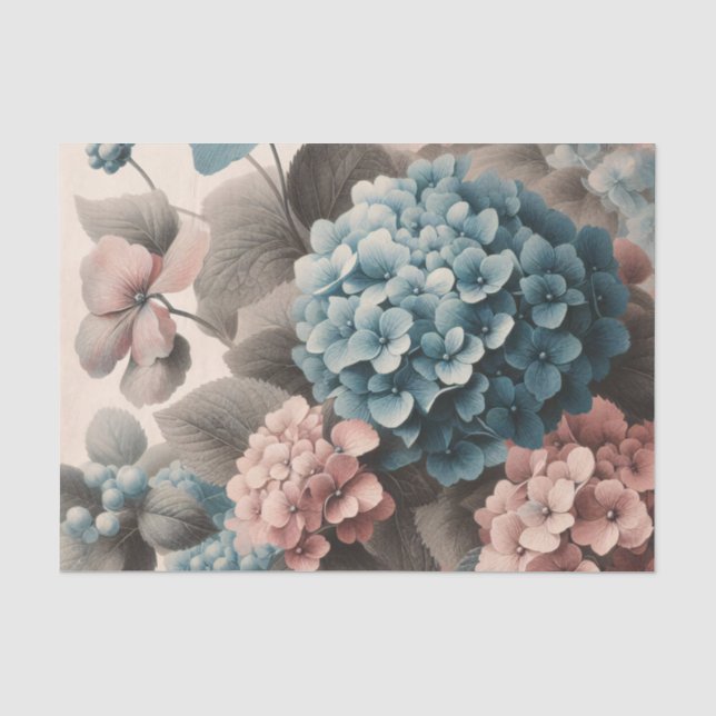 Papel De Seda Decoupage de Hortensias Azules y Rosadas Vintage (Anverso)