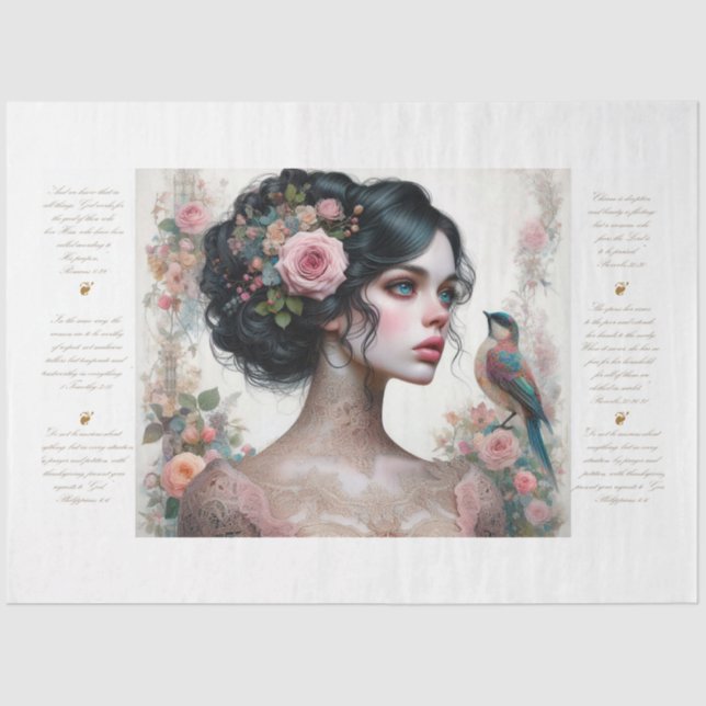 Papel De Seda Decoupage De La Dama De Las Escrituras De Los Rosa (Anverso)